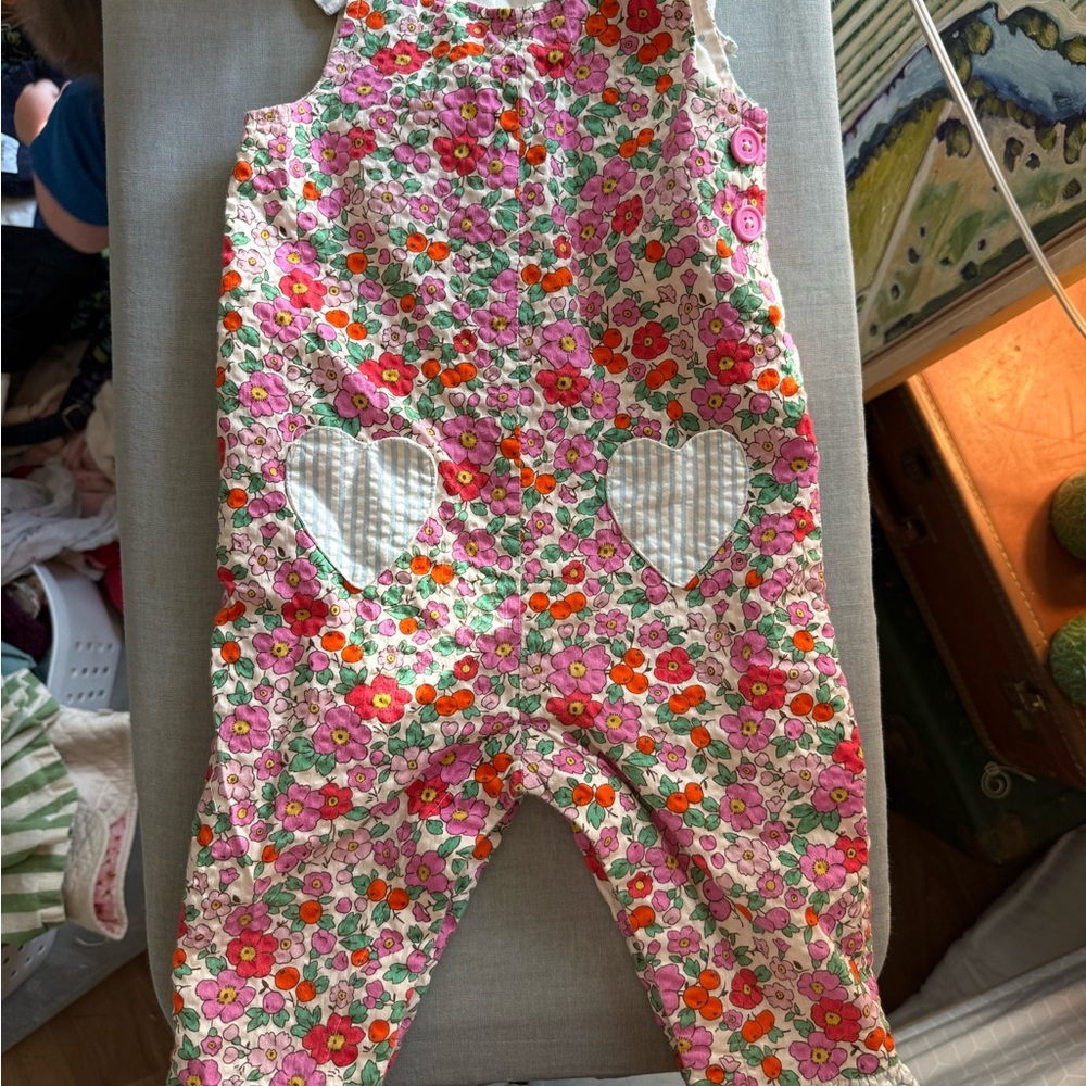 Mini Boden Floral Baby Dungarees 9-12M Heart Pocket Overalls